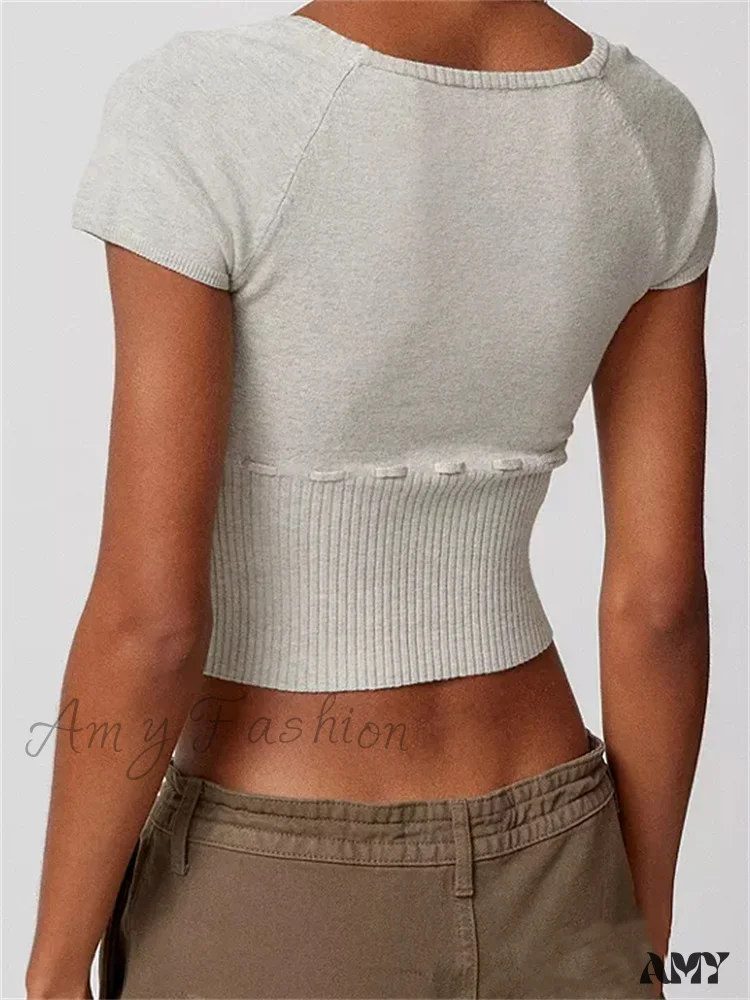Amy Fashion - Knitted Ribbed Solid Color Short Sleeve Square Neck Drawstring T-shirts - Image 3