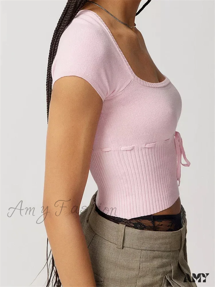 Amy Fashion - Knitted Ribbed Solid Color Short Sleeve Square Neck Drawstring T-shirts - Image 5