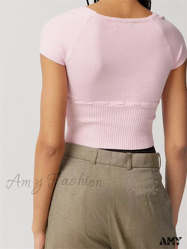 Amy Fashion - Knitted Ribbed Solid Color Short Sleeve Square Neck Drawstring T-shirts - Image 6