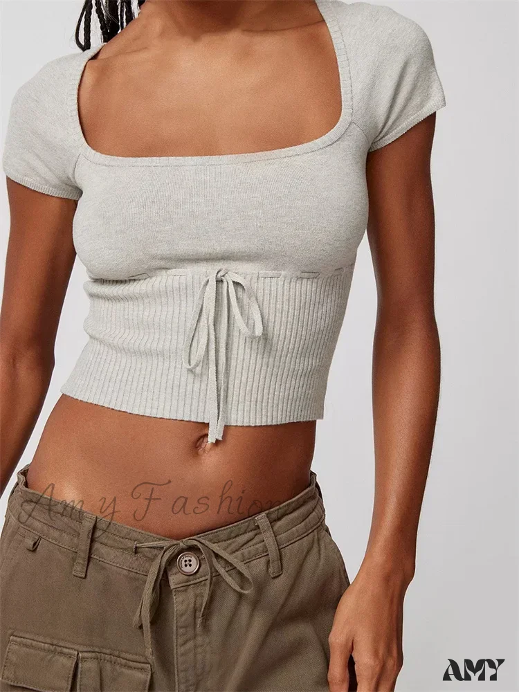 Amy Fashion - Knitted Ribbed Solid Color Short Sleeve Square Neck Drawstring T-shirts - Image 7