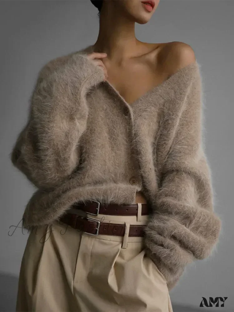 Knitted Thick Cashmere Wool Chic V Neck Single Breasted Long Sleeve Sweater - Image 2