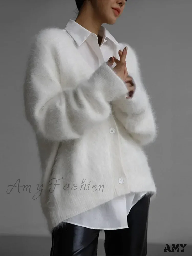 Knitted Thick Cashmere Wool Chic V Neck Single Breasted Long Sleeve Sweater - Image 3
