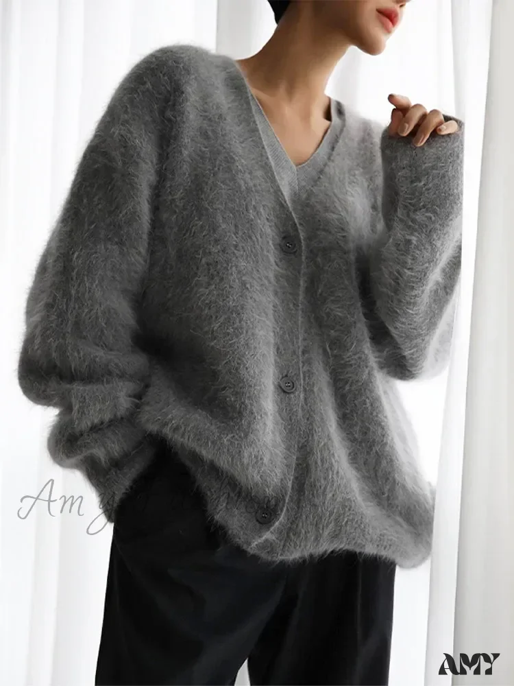 Knitted Thick Cashmere Wool Chic V Neck Single Breasted Long Sleeve Sweater - Image 4
