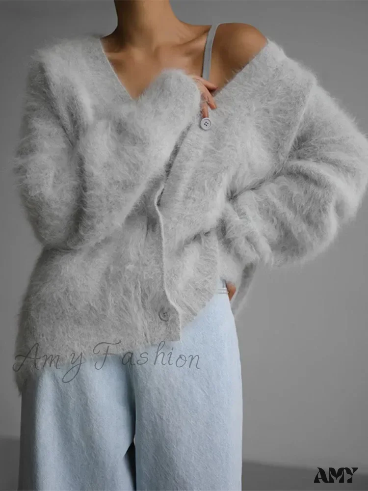 Knitted Thick Cashmere Wool Chic V Neck Single Breasted Long Sleeve Sweater - Image 5