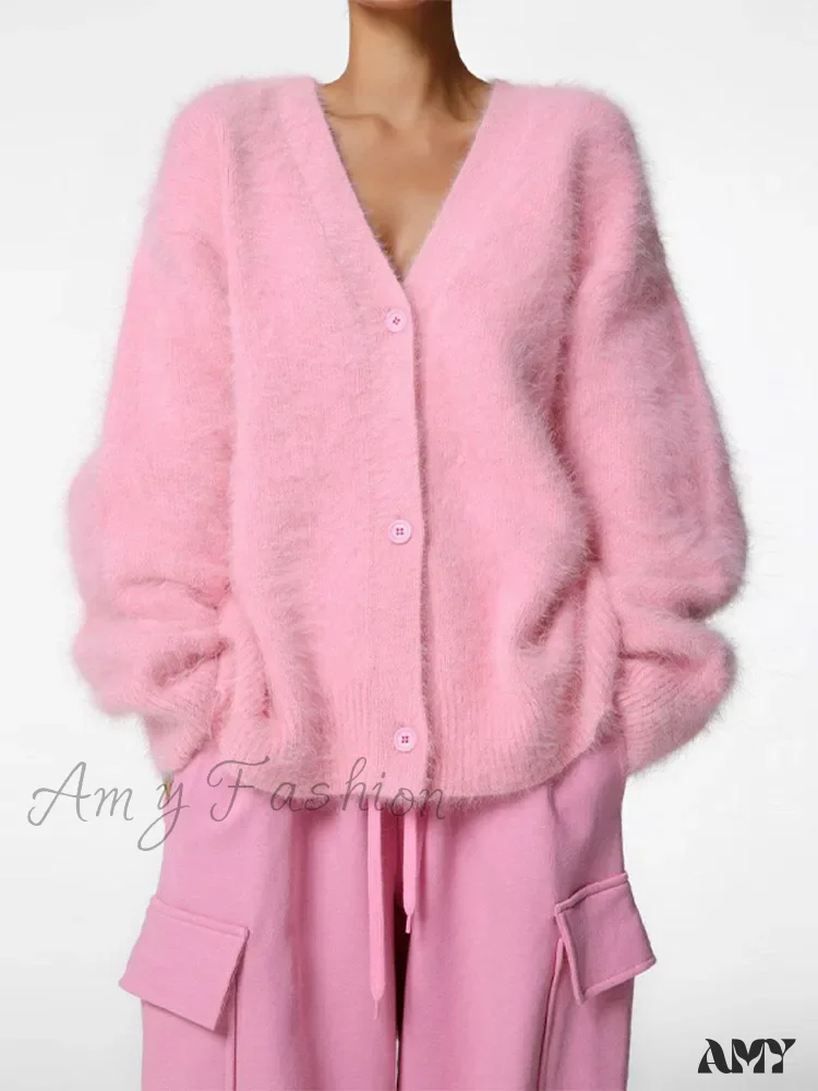 Knitted Thick Cashmere Wool Chic V Neck Single Breasted Long Sleeve Sweater - Image 6