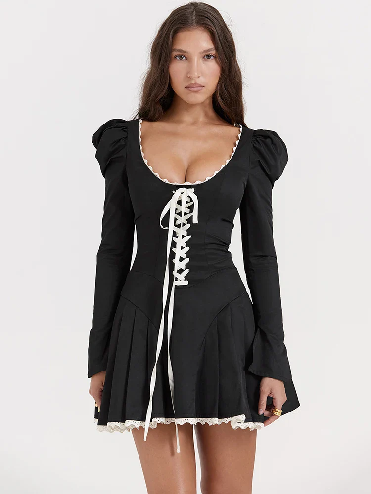 Lace Bandage Puff Sleeve Ruched Bodycon Dress