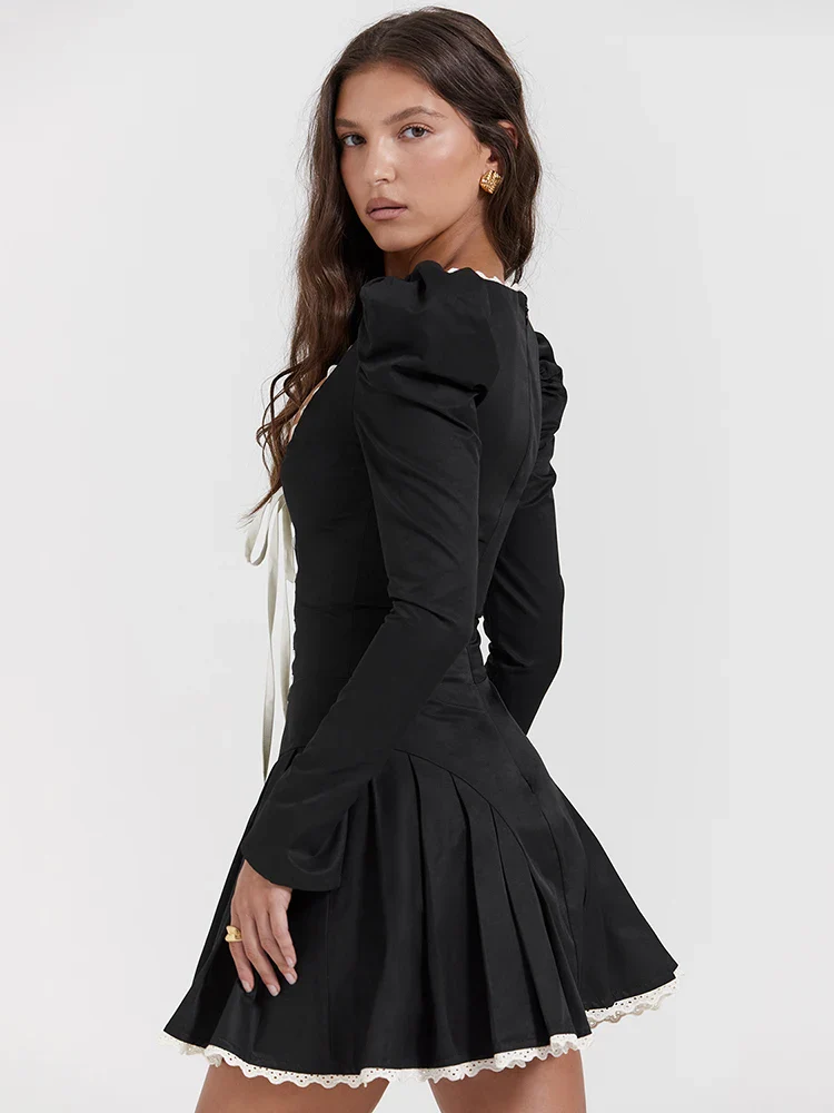 Lace Bandage Puff Sleeve Ruched Bodycon Dress - Image 2