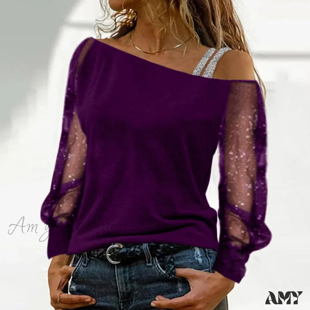 Amy Fashion - Long Sleeves Skew Collar Off Shoulder Patchwork Diamond Lace Blouse - Image 10