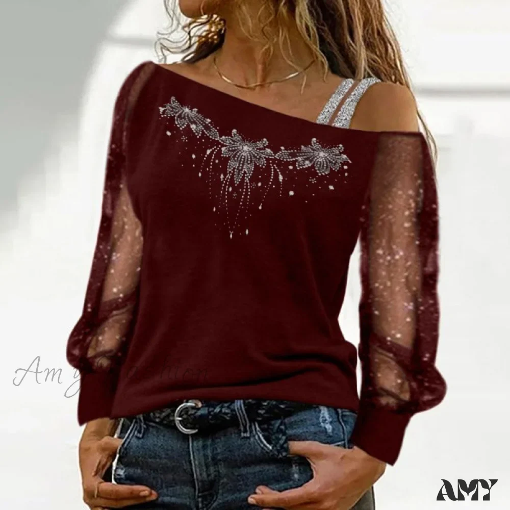 Amy Fashion - Long Sleeves Skew Collar Off Shoulder Patchwork Diamond Lace Blouse - Image 13