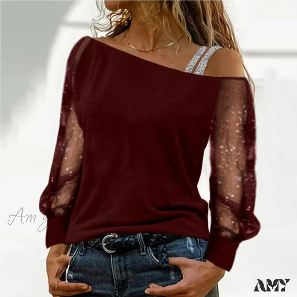 Amy Fashion - Long Sleeves Skew Collar Off Shoulder Patchwork Diamond Lace Blouse - Image 14