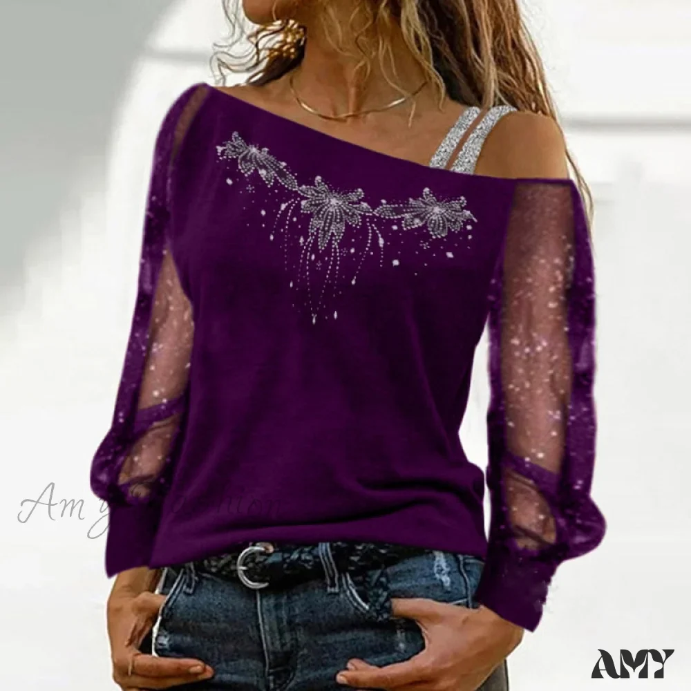 Amy Fashion - Long Sleeves Skew Collar Off Shoulder Patchwork Diamond Lace Blouse - Image 4