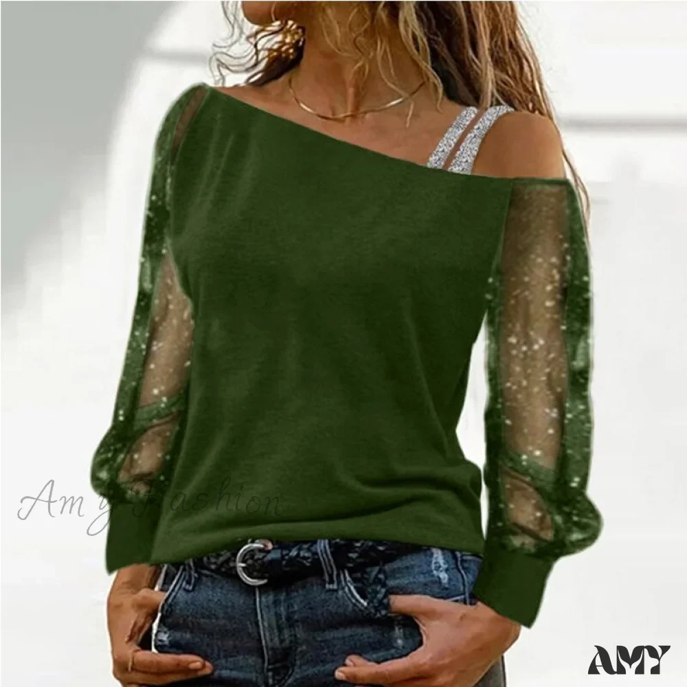 Amy Fashion - Long Sleeves Skew Collar Off Shoulder Patchwork Diamond Lace Blouse - Image 5