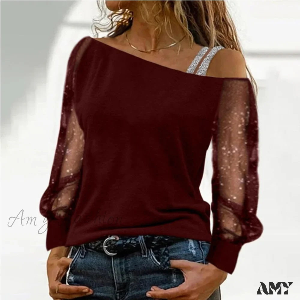 Amy Fashion - Long Sleeves Skew Collar Off Shoulder Patchwork Diamond Lace Blouse - Image 6
