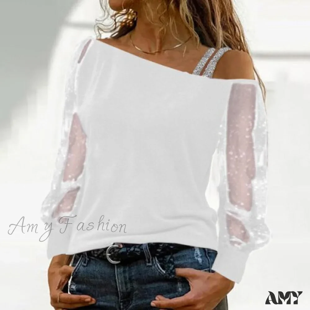 Amy Fashion - Long Sleeves Skew Collar Off Shoulder Patchwork Diamond Lace Blouse - Image 7