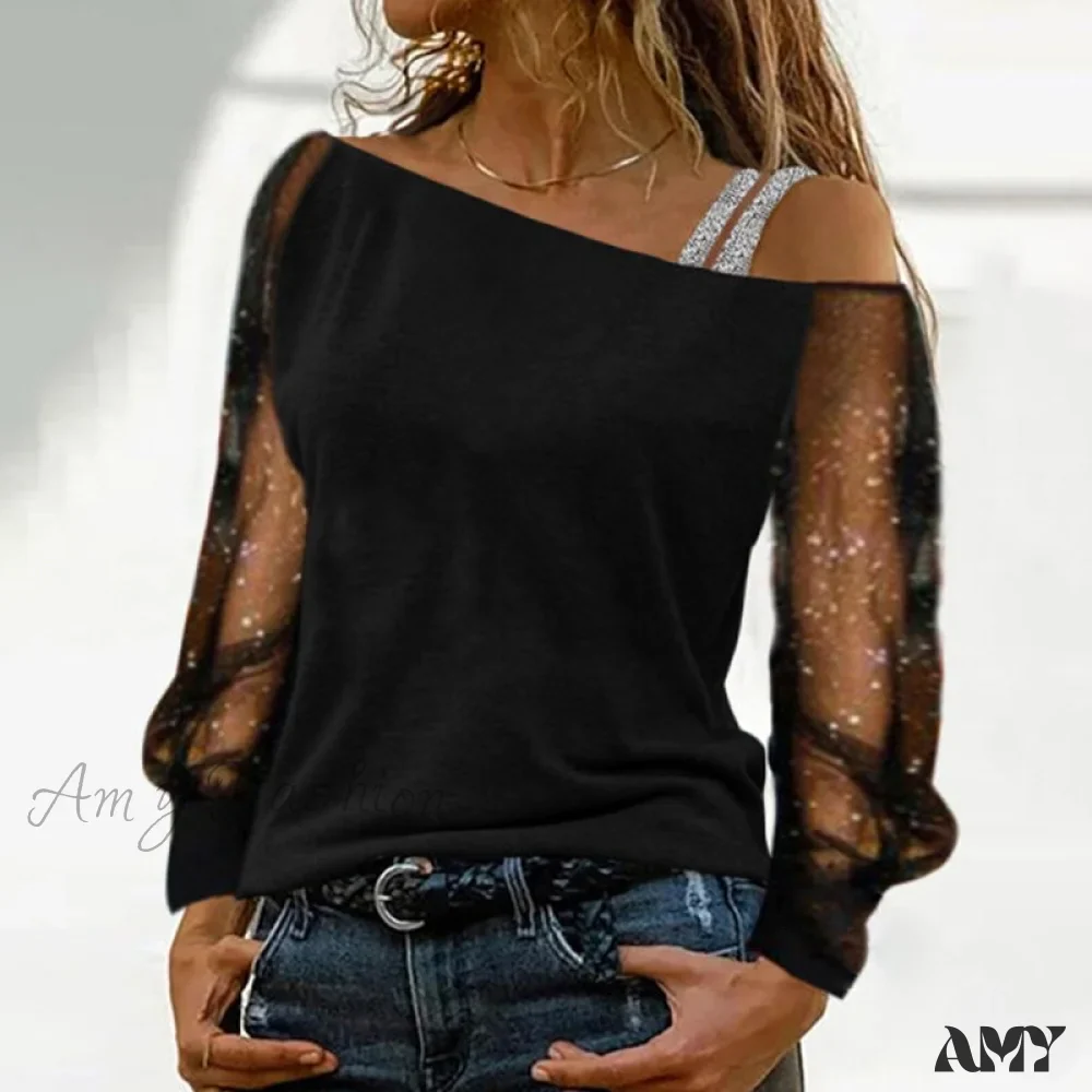 Amy Fashion - Long Sleeves Skew Collar Off Shoulder Patchwork Diamond Lace Blouse - Image 8