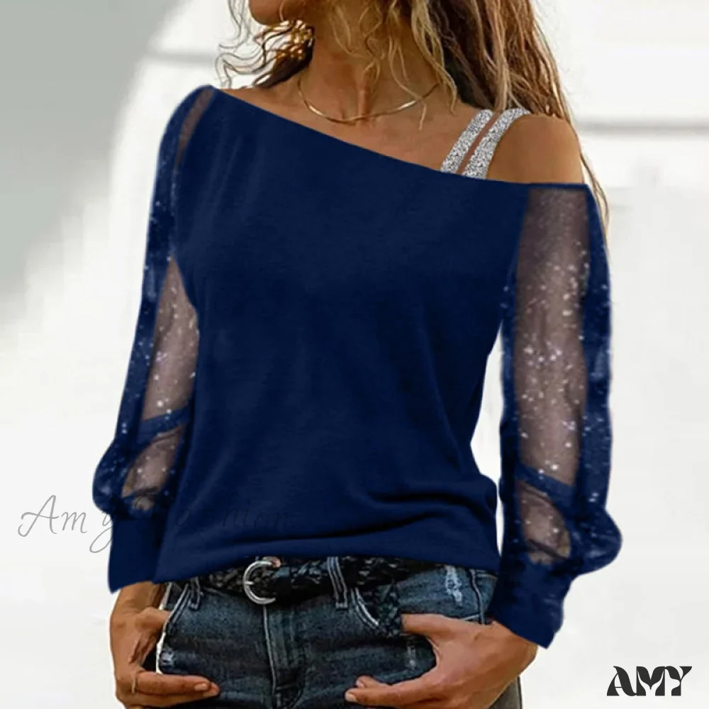 Amy Fashion - Long Sleeves Skew Collar Off Shoulder Patchwork Diamond Lace Blouse - Image 9