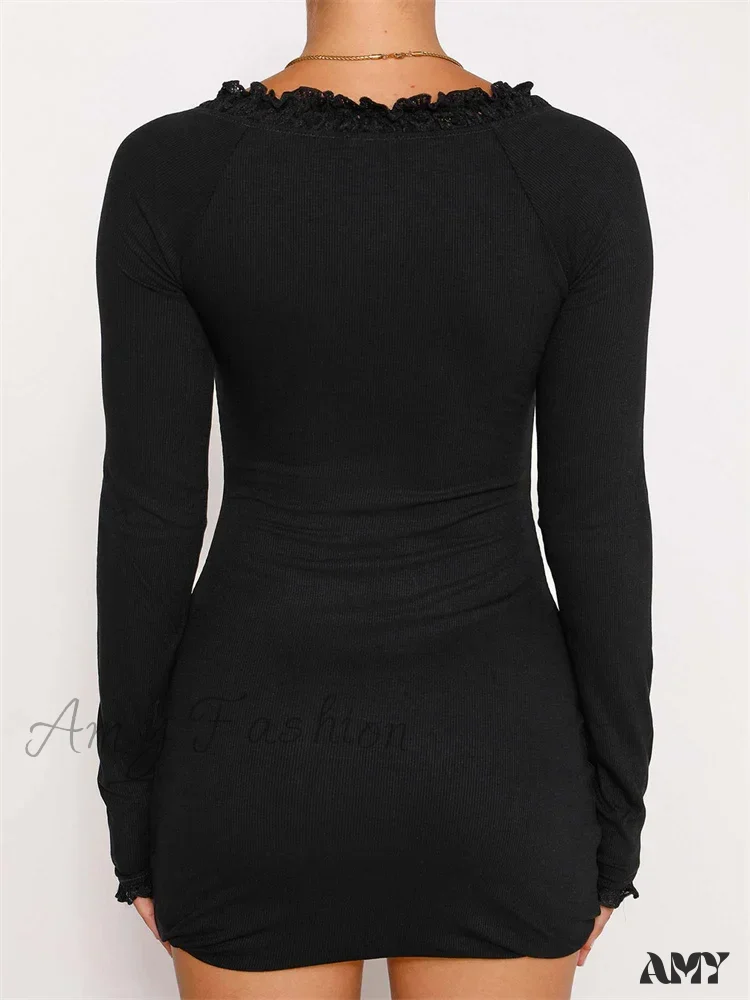 Amy Fashion - Lace Bow Patchwork Spring Autumn Ribbed Mini Dress - Image 4
