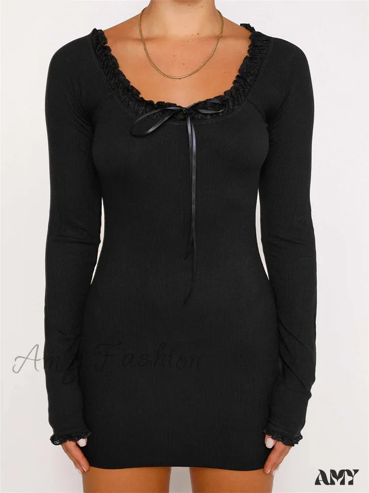 Amy Fashion - Lace Bow Patchwork Spring Autumn Ribbed Mini Dress - Image 5