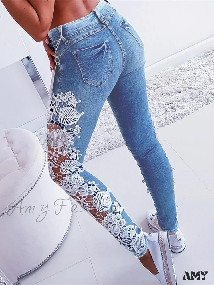 Amy Fashion - Lace Floral Crochet Hollow-Out Jeans - Image 2
