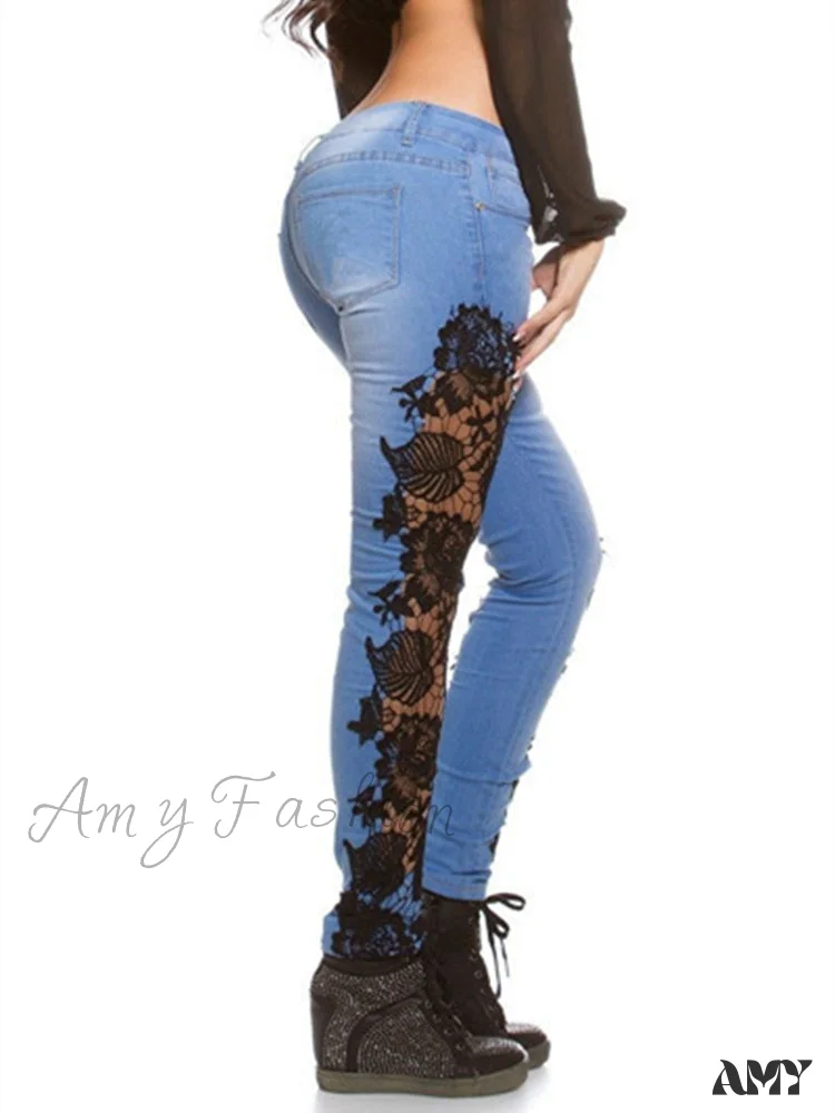 Amy Fashion - Lace Floral Crochet Hollow-Out Jeans - Image 3
