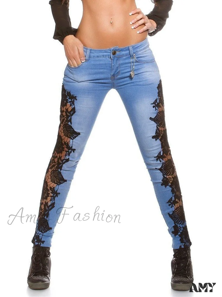 Amy Fashion - Lace Floral Crochet Hollow-Out Jeans - Image 4