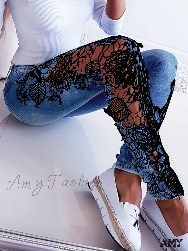 Amy Fashion - Lace Floral Crochet Hollow-Out Jeans - Image 5