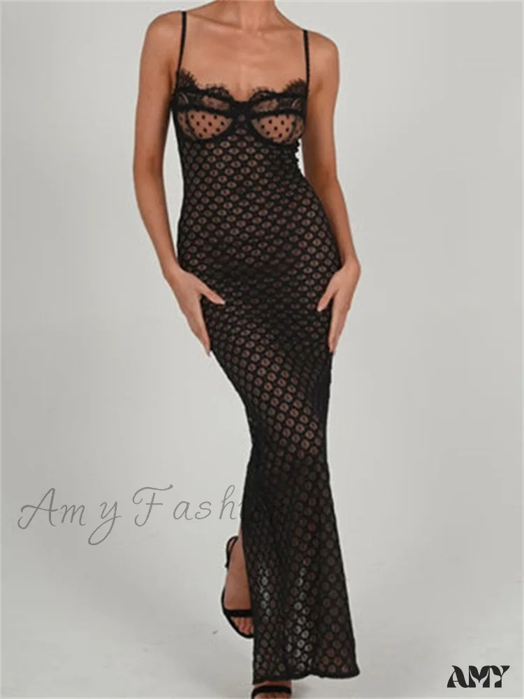 Amy Fashion - Lace Floral  for Women Sexy Sleeveless Strap See Through Evening Cocktail Back Split Black Vestidos - Image 2