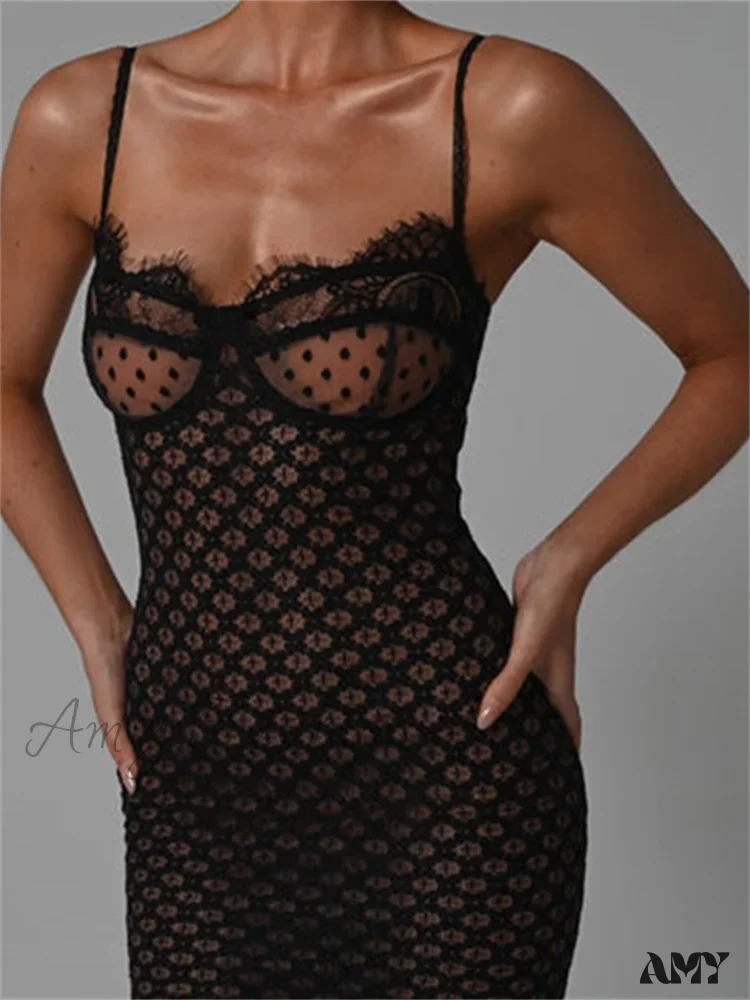 Amy Fashion - Lace Floral  for Women Sexy Sleeveless Strap See Through Evening Cocktail Back Split Black Vestidos - Image 3