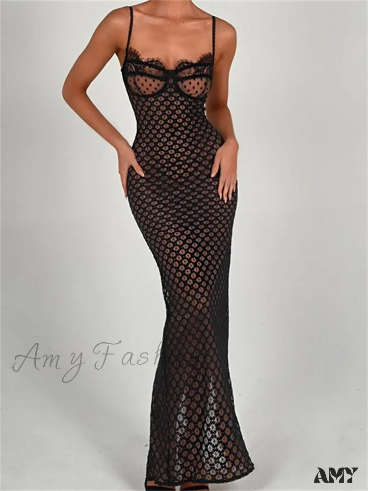 Amy Fashion - Lace Floral  for Women Sexy Sleeveless Strap See Through Evening Cocktail Back Split Black Vestidos - Image 4