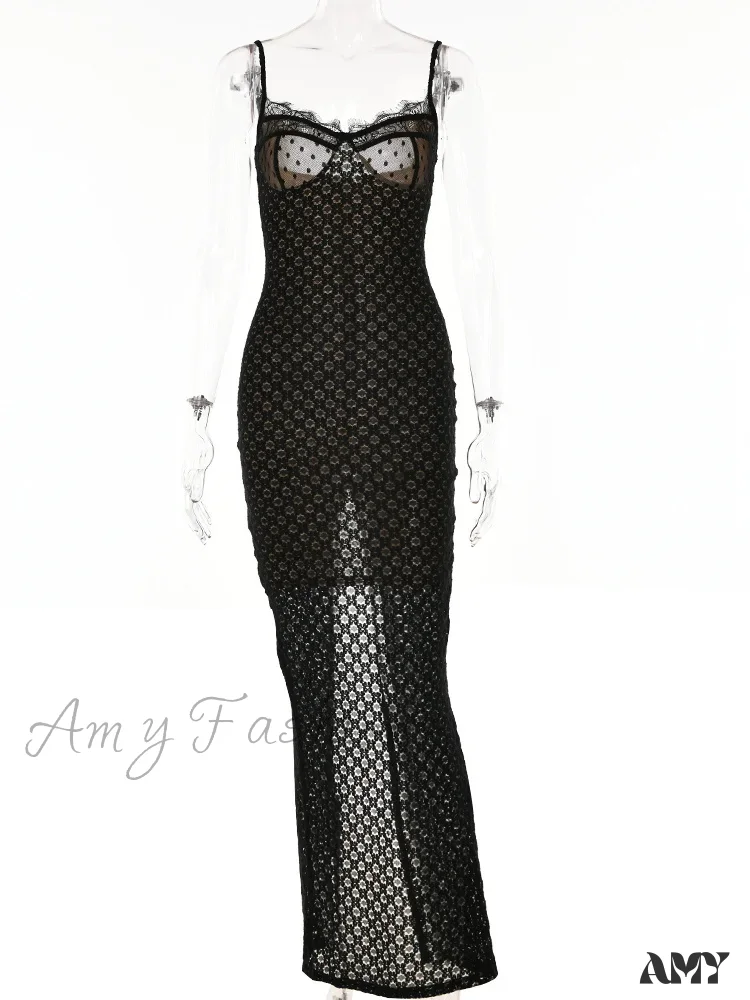 Amy Fashion - Lace Floral  for Women Sexy Sleeveless Strap See Through Evening Cocktail Back Split Black Vestidos - Image 6