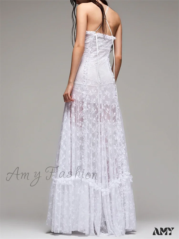 Amy Fashion - Lace Floral Halter Tie-up Off Shoulder  for Women Mesh See Through High Split Hollow Out Vestido - Image 2
