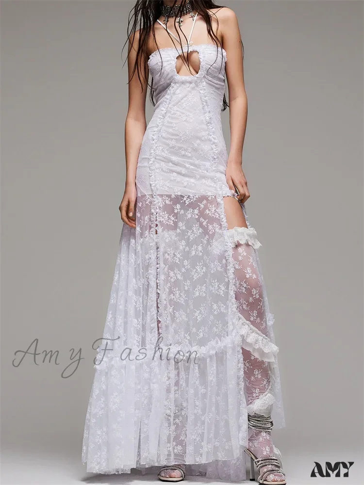 Amy Fashion - Lace Floral Halter Tie-up Off Shoulder  for Women Mesh See Through High Split Hollow Out Vestido - Image 4