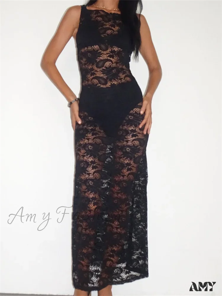 Amy Fashion - Lace Floral Mesh See Through Black for Women Summer Beach Clubwear Sexy Women Backless Tie-up - Image 5