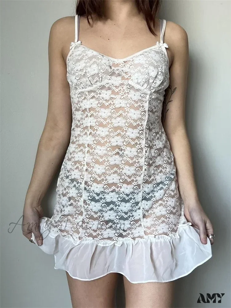 Amy Fashion - Lace Floral Mesh See Through Sling Summer Mini Dress - Image 2