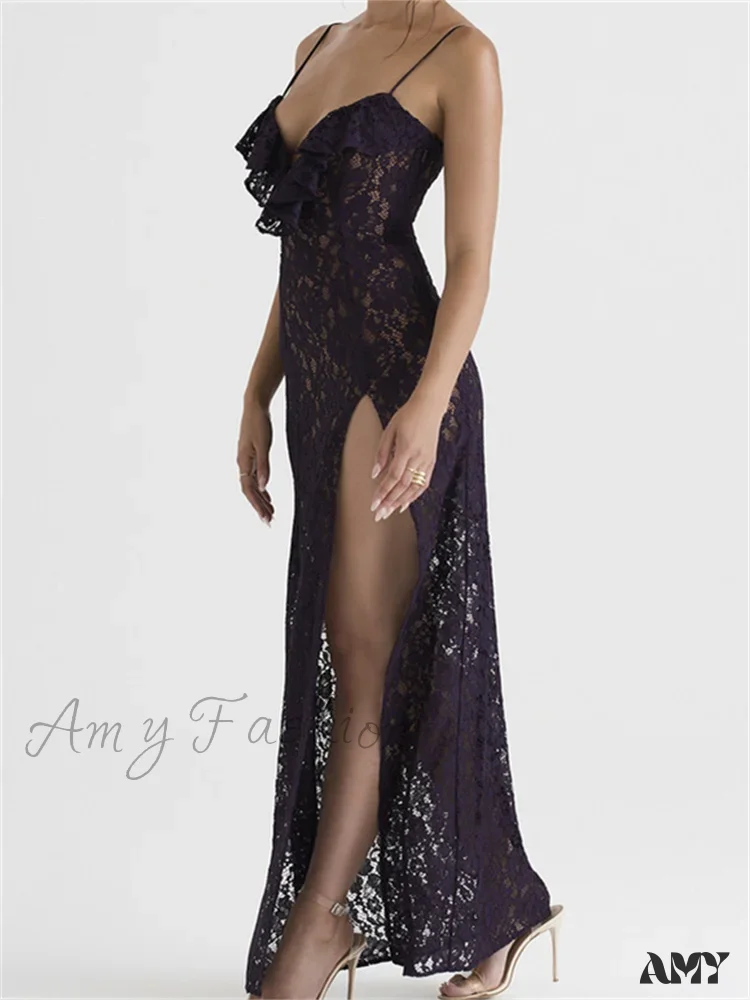 Amy Fashion - Lace Floral See Through  for Women Sexy Sleeveless Strap V-neck Ruffles Patchwork High Split Vestidos - Image 2