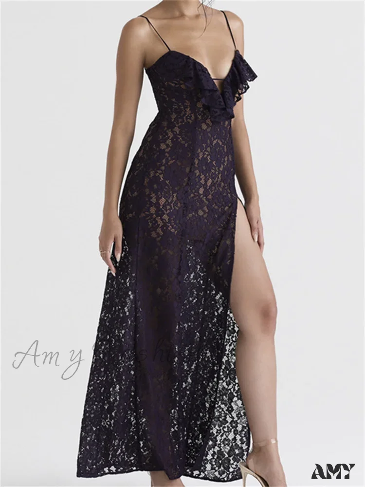 Amy Fashion - Lace Floral See Through  for Women Sexy Sleeveless Strap V-neck Ruffles Patchwork High Split Vestidos - Image 3