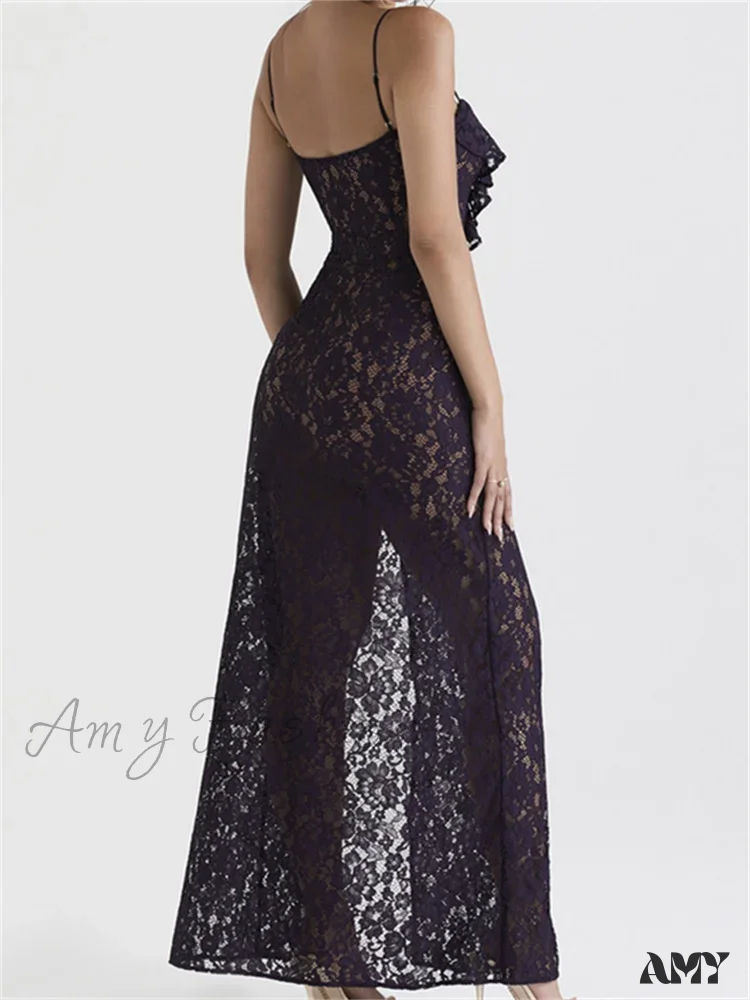 Amy Fashion - Lace Floral See Through  for Women Sexy Sleeveless Strap V-neck Ruffles Patchwork High Split Vestidos - Image 4