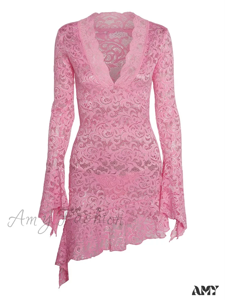 Amy Fashion - Lace Floral See Through Irregular Hem Long Flare Mini Dress - Image 5