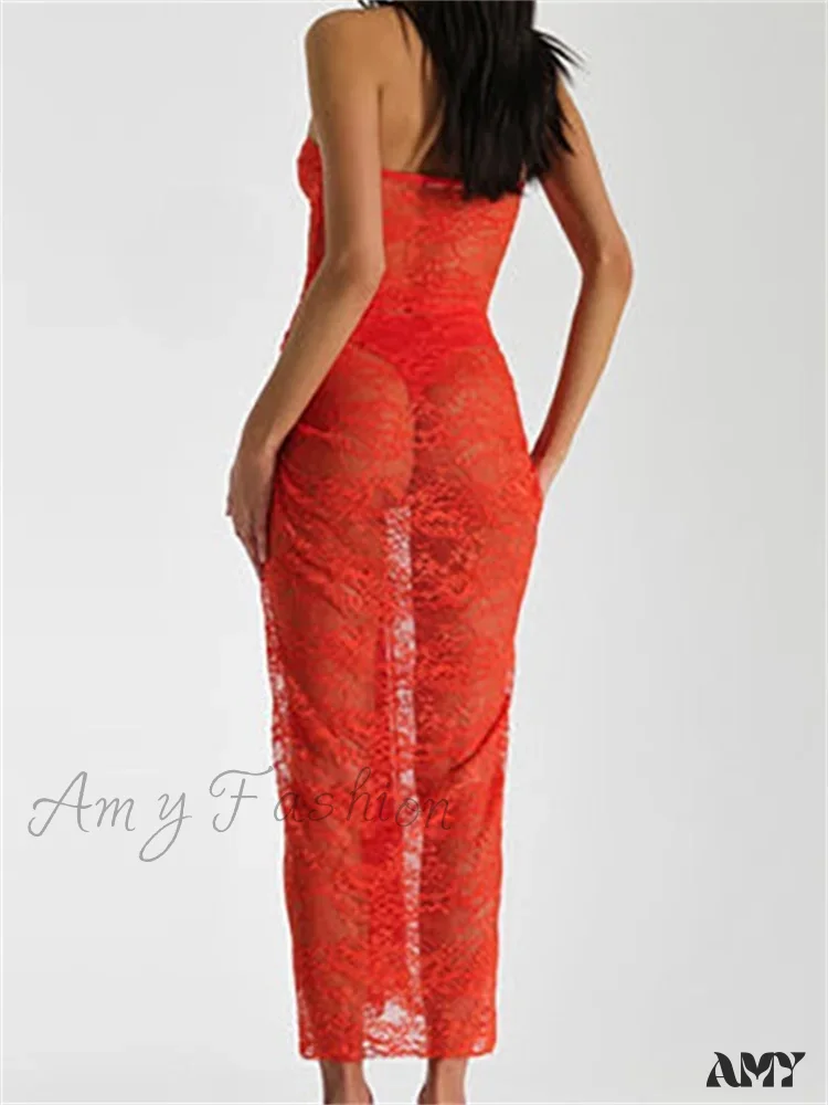 Amy Fashion - Lace Floral See Through  Tube Summer Party Clubwear for Women Strapless Off Shoulder Ruched Push Up Vestido - Image 2