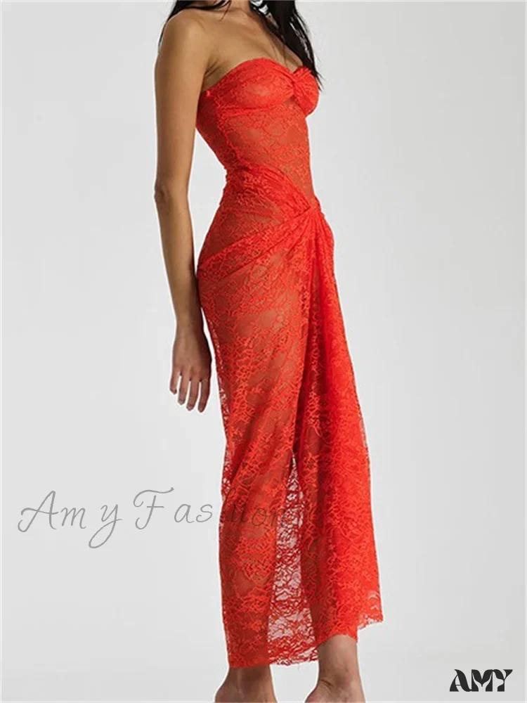 Amy Fashion - Lace Floral See Through  Tube Summer Party Clubwear for Women Strapless Off Shoulder Ruched Push Up Vestido - Image 3