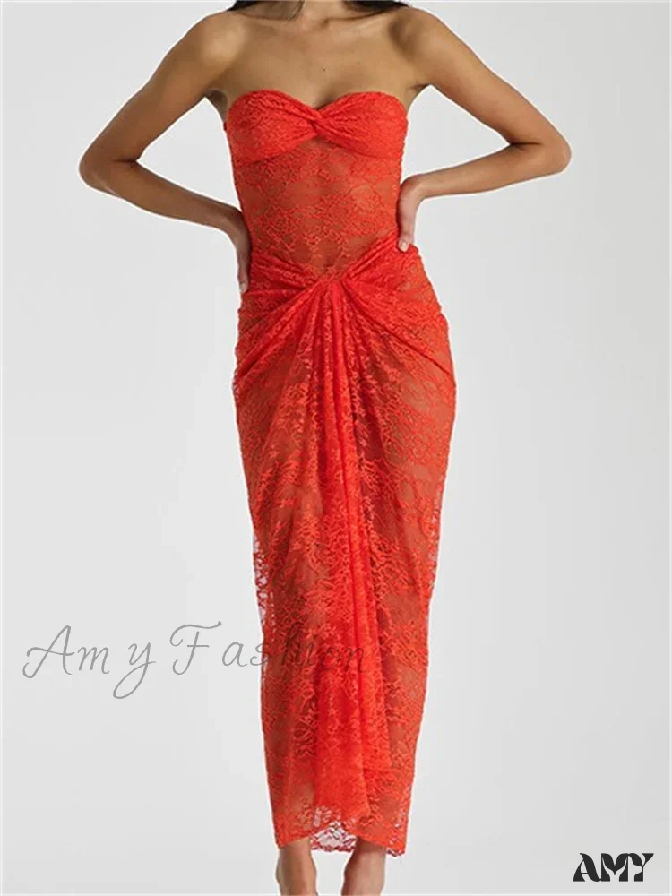 Amy Fashion - Lace Floral See Through  Tube Summer Party Clubwear for Women Strapless Off Shoulder Ruched Push Up Vestido - Image 5