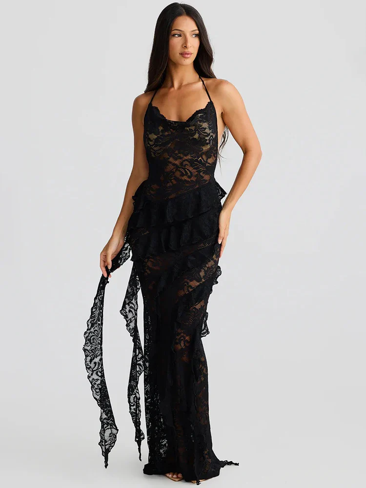 Lace Halter Ruffle Beach Bodycon Dress - Image 3