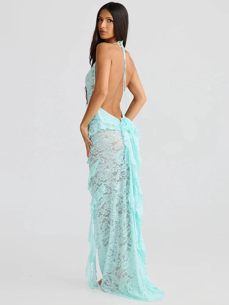 Lace Halter Ruffle Beach Bodycon Dress - Image 6