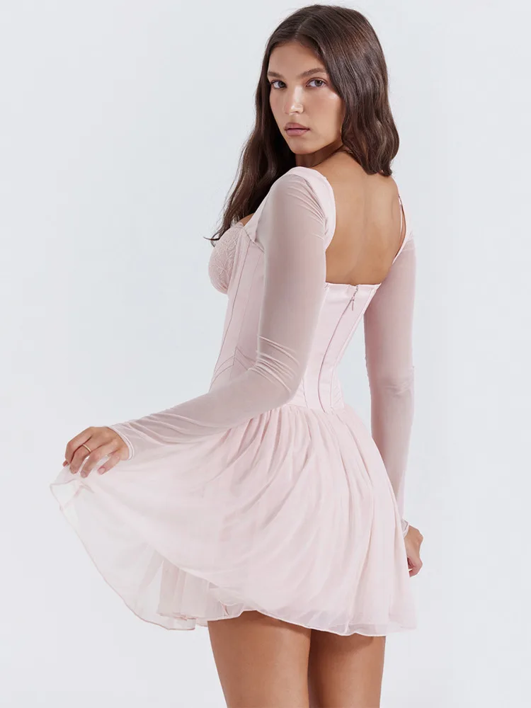Lace Mesh Square Neck Club Bodycon Dress - Image 3