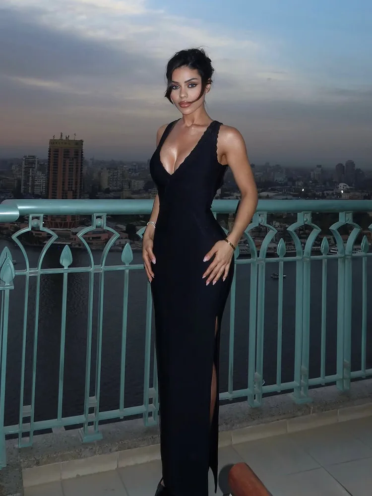 Lace Patchwork Backless Split Party Dress - Image 2