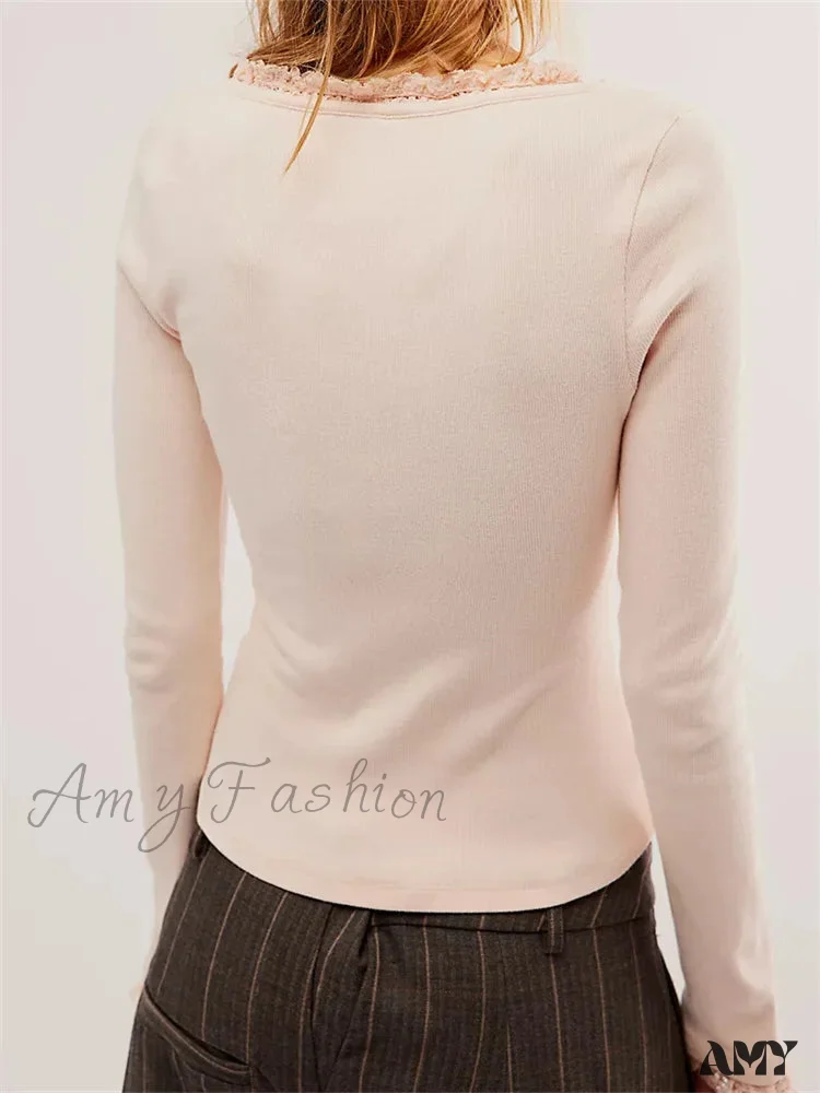 Amy Fashion - Lace Patchwork Long Sleeve Basic Casual Pullovers  T-shirts - Image 2