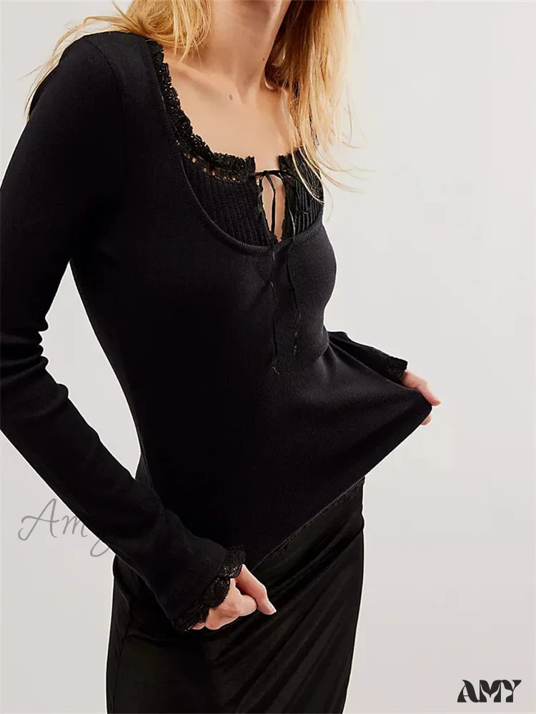 Amy Fashion - Lace Patchwork Long Sleeve Basic Casual Pullovers  T-shirts - Image 3