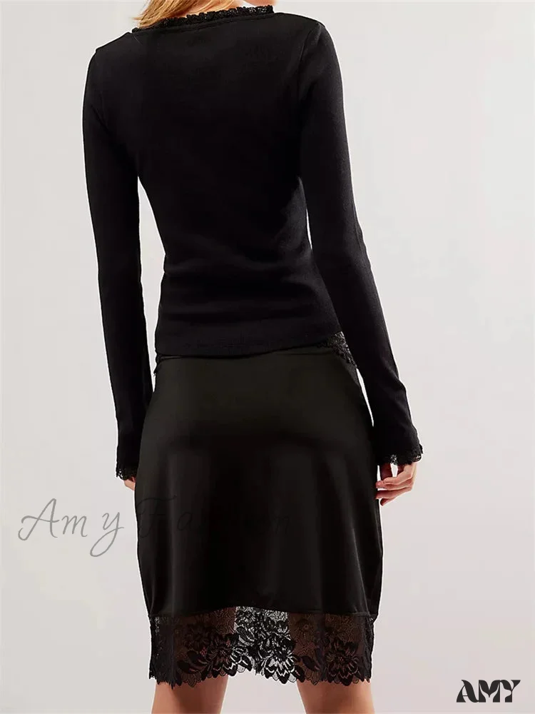 Amy Fashion - Lace Patchwork Long Sleeve Basic Casual Pullovers  T-shirts - Image 4