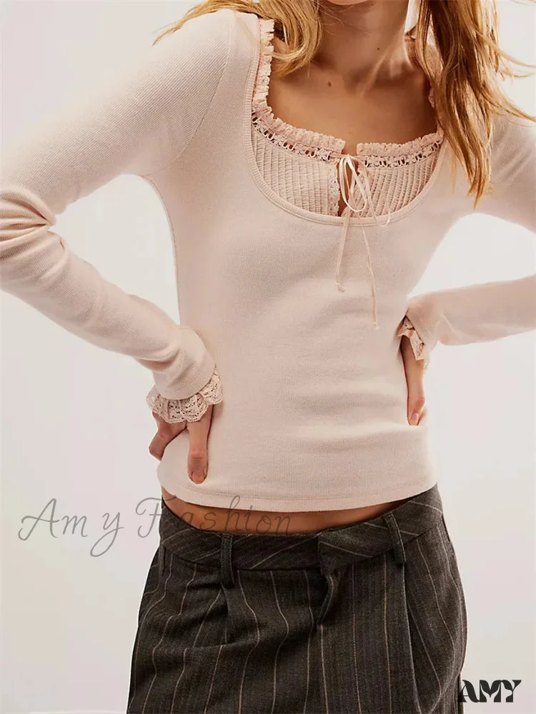 Amy Fashion - Lace Patchwork Long Sleeve Basic Casual Pullovers  T-shirts - Image 5