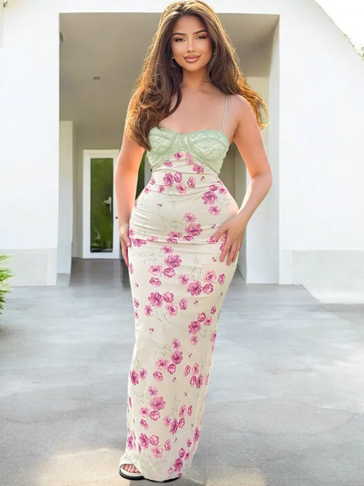 Lace Print Spaghetti Strap Off-shoulder Vacation Dress